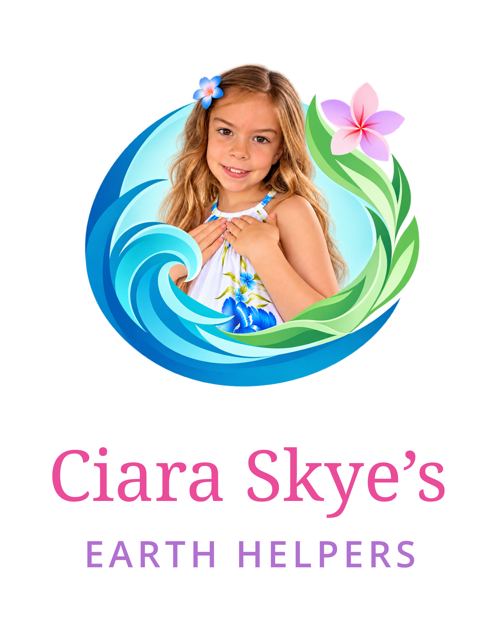 Ciara Skye’s Earth Helpers logo, featuring Ciara surrounded by ocean waves, green leaves, and a pink plumeria.